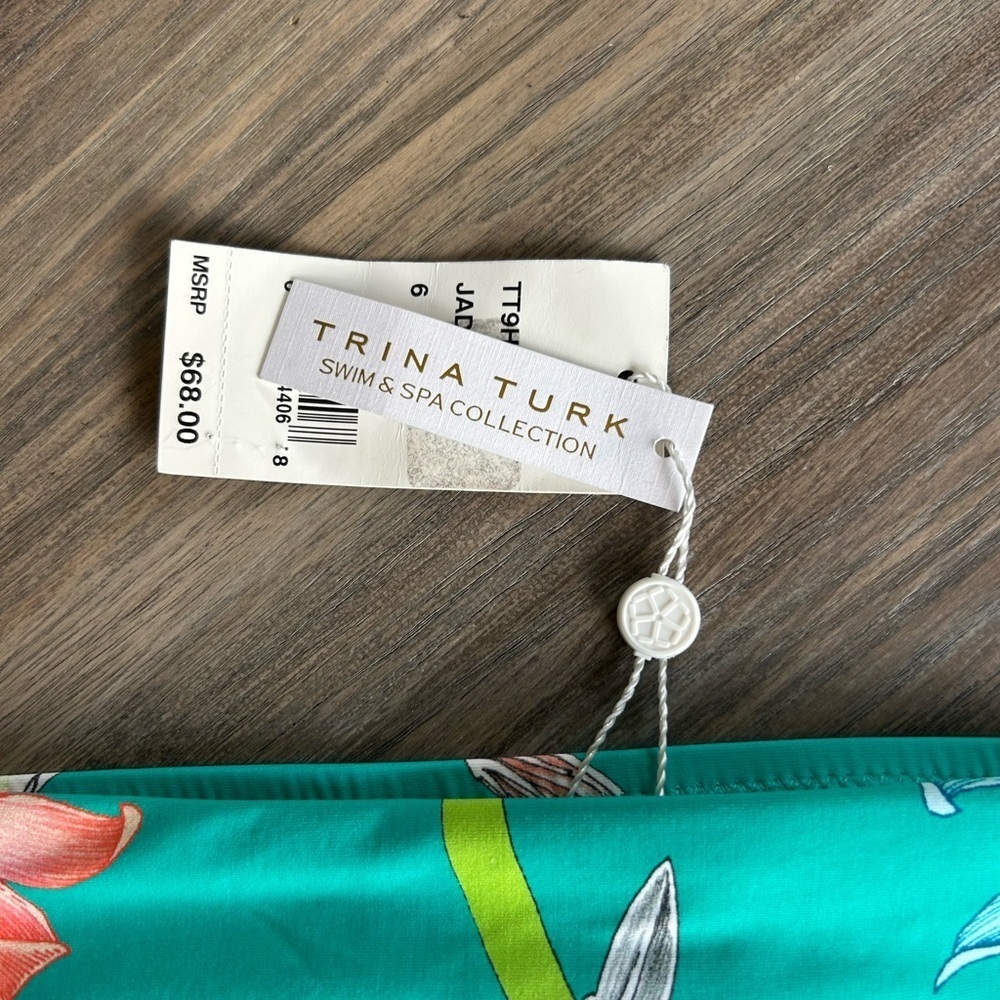 NWT Trina Turk Turquoise Black Hawaiian Ruched Tropical Bikini Bottoms Size 6 - Picture 4 of 9